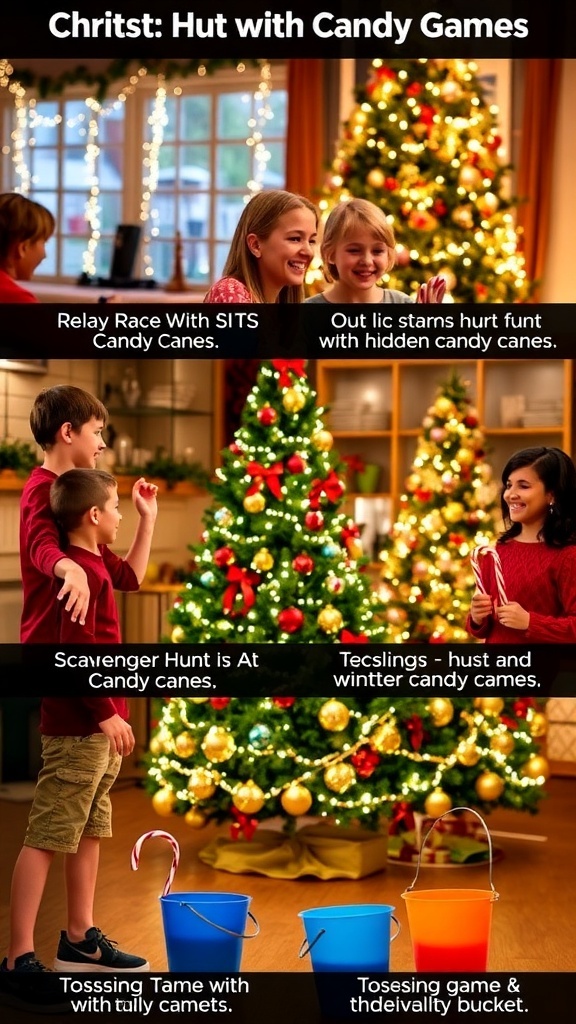 People playing Christmas games with candy canes, including a relay race and a scavenger hunt, in a festive setting.